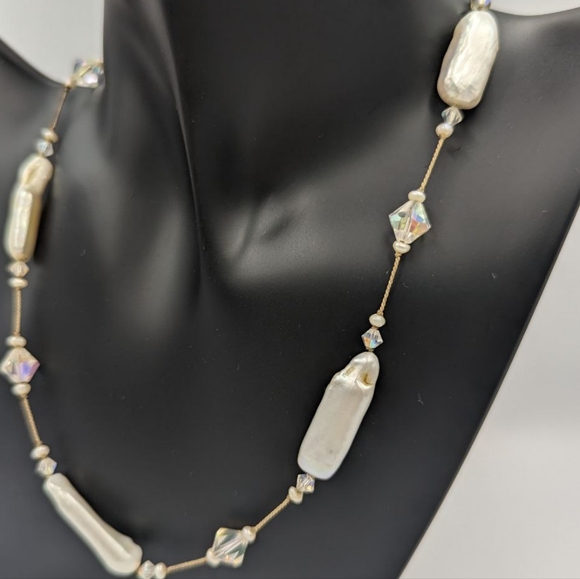 Beautiful Keshi Pearl Aurora Borealis Crystals Sterling Clasp Choker necklace - Picture 5 of 15